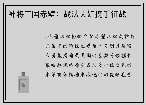 神将三国赤壁：战法夫妇携手征战